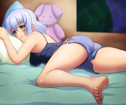  amagi_brilliant_park ass bare_legs bare_shoulders barefoot bed black_camisole blue_hair blush camisole commentary_request dolphin_shorts feet female finalcake green_eyes grey_shorts legs looking_at_viewer lying muse_(amaburi) on_bed pillow short_hair short_shorts shorts solo stuffed_toy 