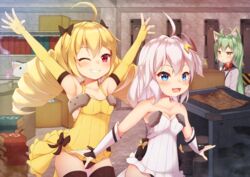  3girls :d ahoge akashi_(azur_lane) animal_ear_fluff animal_ears armpits arms_up azur_lane bad_id bad_pixiv_id bare_shoulders bell black_bow black_panties black_sailor_collar black_thighhighs blonde_hair blue_eyes blueprint_(object) blush book book_stack bookshelf bow box breasts brown_eyes cat_ears cleavage defensive_skill_book_(azur_lane) dress drill_hair drum_(container) elbow_gloves fingerless_gloves gloves green_hair grin hair_between_eyes hairbow halterneck high-low_skirt highres hitodama holding holding_box indoors inora jingle_bell long_hair low-cut_armhole medium_breasts microdress multiple_girls offensive_skill_book_(azur_lane) one_eye_closed open_mouth outstretched_arms panties prototype_bulin_mkii_(azur_lane) red_eyes sailor_collar short_dress smile strapless strapless_dress striped_clothes striped_dress thighhighs tube_dress twin_drills twintails underwear universal_bulin_(azur_lane) vertical-striped_clothes vertical-striped_dress very_long_hair white_dress white_gloves white_hair yellow_dress yellow_gloves 