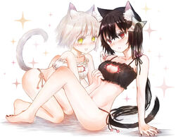  2girls animal_ears artistic_error black_hair blush cat_cutout cat_ears cat_lingerie cat_tail clothing_cutout commentary_request gamo_tako highres kemonomimi_mode long_hair mahou_shoujo_ikusei_keikaku meme_attire multiple_girls panties pink_hair ripple_(mahoiku) short_hair side-tie_panties sitting snow_white_(mahoiku) sparkle tail underwear wrong_foot yuri 