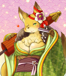  anthro asian_clothing big_breasts breasts canid canine chest_tuft cleavage clothed clothing east_asian_clothing female flower folding_fan fox green_eyes heart_symbol huge_breasts japanese_clothing kimono looking_at_viewer mammal muramasa:_princess_commander okabe_masatsuna one_eye_closed plant setouchi_kurage silicon_studio simple_background smile solo tuft umbrella wink 