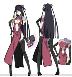  black_hair black_legwear blue_eyes breasts china_dress chinese_clothes cleavage cleavage_cutout closed_mouth clothing_cutout dress earrings elbow_gloves female flower folding_fan garter_straps gloves hair_bun hair_flower hair_ornament hair_tubes hand_fan hand_on_own_hip high_heels ikawa_waki jewelry large_breasts long_hair looking_at_viewer lu_niang-lan mitou_shoukan://blood_sign multiple_views navel official_art reference_sheet side_slit single_hair_bun thighhighs watermark 