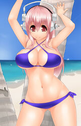  against_tree beach bikini blaccura blush breasts cleavage cloud commentary_request day female headphones highres large_breasts long_hair looking_at_viewer navel nitroplus ocean outdoors palm_tree pink_hair red_eyes shore side-tie_bikini_bottom sky smile solo super_sonico swimsuit tree 