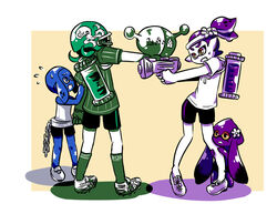  3boys beauty_(zoza) blue_eyes brother_and_sister brown_eyes chains cleats domino_mask donut_(zoza) emblem female flower flying_sweatdrops football_helmet green_hair hair_flower hair_ornament headband helmet hiding ink_tank_(splatoon) inkling_(language) luna_blaster_(splatoon) mask multiple_boys open_mouth outside_border partially_colored pretty_(zoza) purple_hair samurai_(zoza) shirt shoes shorts siblings single_vertical_stripe socks splatoon splattershot_jr_(splatoon) squid striped striped_shirt sweatdrop t-shirt tentacle_hair topknot vertical-striped_shirt vertical_stripes younger zoza 