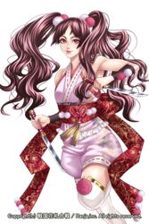  brown_hair commentary_request dagger dual_wielding eyeshadow female hair_ornament highres holding holding_knife knife long_hair looking_at_viewer makeup mito_amatsu official_art pink_eyes pom_pom_(clothes) sengoku_hanafuda_kassen solo standing standing_on_one_leg tassel thighhighs transparent_background twintails weapon white_thighhighs 