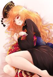  arano_oki black_dress commentary_request crescent dress female hat junko_(touhou) long_hair long_sleeves lying on_side orange_hair parted_lips red_eyes sash smile solo tabard tabard_removed touhou wide_sleeves 