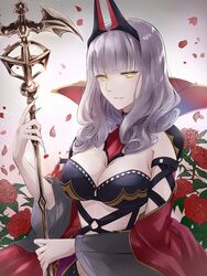  bare_shoulders blue_nails breasts carmilla_(fate) cleavage commentary_request fate/grand_order fate_(series) female fingernails flower grey_hair headgear highres long_fingernails long_hair looking_at_viewer medium_breasts nail_polish o-ring parted_lips petals red_flower red_rose rose rose_petals sena_tea29 sharp_fingernails smile solo very_long_hair yellow_eyes 