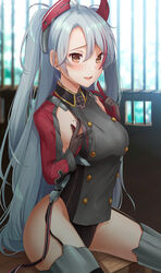  antenna_hair armpit_cutout azur_lane black_panties blush breasts brown_eyes clothing_cutout commentary_request cross day female garter_straps grey_hair groin hair_between_eyes hand_on_own_chest hand_up headgear highres index_finger_raised indoors iron_cross kelly_0w0 large_breasts long_hair looking_at_viewer mole mole_on_breast multicolored_hair open_mouth panties prinz_eugen_(azur_lane) red_hair sitting smile solo streaked_hair thighhighs thighs two_side_up underwear very_long_hair window 