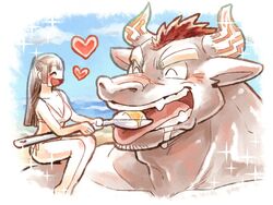  4:3 anthro beach bikini blush bovid bovine circuit_markings clothing cutlery dessert duo feeding female food gyumao_(tas) hair heart_symbol horn human ice_cream kitchen_utensils lifewonders macro male mammal markings mohawk muscular muscular_male red_hair seaside size_difference smile spoon sumiwohakuneko swimwear tokyo_afterschool_summoners tongue tools 