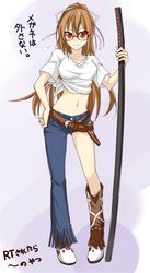  asymmetrical_clothes asymmetrical_legwear belt boots brown_hair commentary_request cosplay crop_top female fringe_trim glasses holding holding_sword holding_weapon kanzaki_kaori kanzaki_kaori_(cosplay) katana light_smile lindoh_flores long_hair midriff navel no_tsuba ootachi original photoshop_(medium) planted planted_sword red-eyes_macadamiachoco red_eyes scabbard sheath sheathed shichiten_shichitou shirt single_pantsleg solo sword taut_clothes taut_shirt tied_shirt toaru_majutsu_no_index very_long_hair weapon 