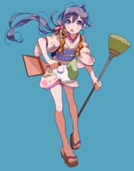  :o absurdres akebono_(kancolle) akebono_(new_year_mode)_(kancolle) apron bad_id bad_pixiv_id bell blue_background broom dustpan enji_(nk) female flower hair_bell hair_flower hair_ornament highres holding holding_dustpan japanese_clothes jingle_bell kantai_collection kimono long_hair looking_at_viewer obi official_alternate_costume open_mouth purple_eyes purple_hair sandals sash side_ponytail simple_background solo tasuki v-shaped_eyebrows 