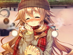  1boy amakano blush brown_eyes brown_hair coat drill_hair female game_cg hand_holding hoshikawa_koharu long_hair piromizu plaid_scarf scarf smile 