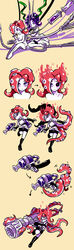  2girls absurdres armor beige_background belt black_hair black_sclera boots breasts closed_mouth clothes_around_waist colored_sclera cross-laced_footwear cyborg eating elbow_gloves fingerless_gloves food fork gloves goggles green_eyes highres holding holding_fork holding_weapon inkzooka_(splatoon) jacket jacket_around_waist knee_boots leg_up medium_breasts midriff multiple_girls nude octoling octoling_player_character octoshot_(splatoon) pancake_(zoza) partially_colored photoshop_(medium) red_hair seaweed shorts siblings sisters sitting splatoon_(series) splatoon_1 standing standing_on_one_leg stitched takozonesu tentacle_hair third-party_edit transformation waffle waffle_(zoza) wariza weapon wire wrench zoza 