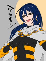  :d blue_eyes blue_hair bodysuit breasts commentary_request cosplay earrings fate/grand_order fate_(series) female hair_between_eyes jewelry long_hair love_live! love_live!_school_idol_project medium_breasts open_mouth ozymandias_(fate) ozymandias_(fate)_(cosplay) sagara1990 smile solo sonoda_umi translated 