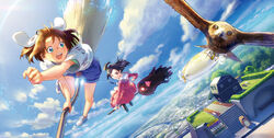  2girls :d animal_ears bird black_hair bow broom broom_riding brown_hair cloud cojibou commentary_request day dress flying green_eyes hairbow hawk house long_hair multiple_girls open_mouth original photoshop_(medium) short_hair shorts sky smile 