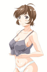  ahoge bad_id bad_pixiv_id bow bow_panties breasts brown_eyes brown_hair camisole cleavage commentary_request crop_top crop_top_overhang female grey_shirt kosokosomaru_(higashi_taishi) large_breasts looking_at_viewer mizuno_nanatsu original panties photoshop_(medium) shirt short_hair solo underwear white_background white_panties 