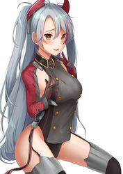  antenna_hair armpit_cutout azur_lane black_panties blush breasts brown_eyes clothing_cutout commentary_request cross female garter_straps grey_hair groin hair_between_eyes hand_on_own_chest hand_up headgear highres index_finger_raised iron_cross kelly_0w0 large_breasts long_hair looking_at_viewer mole mole_on_breast multicolored_hair open_mouth panties prinz_eugen_(azur_lane) red_hair simple_background sitting smile solo streaked_hair thighhighs thighs two_side_up underwear very_long_hair white_background 