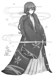  bad_id bad_pixiv_id bow character_name commentary_request egasumi female greyscale hairbow highres japanese_clothes kimono kotohime_(touhou) layered_clothes layered_kimono long_hair long_sleeves looking_at_viewer monochrome obi sash smile touhou touhou_(pc-98) wide_sleeves yorica 