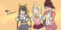  1boy 2girls ahoge akamatsu_kaede backpack bag beamed_eighth_notes beard black_hair blonde_hair blush chabashira_tenko commentary_request danganronpa_(series) danganronpa_v3:_killing_harmony facial_hair goatee hair_ornament hair_ribbon holstein_kurita jacket layered_skirt long_hair mole mole_under_mouth momota_kaito multiple_girls musical_note musical_note_hair_ornament necktie pants pleated_skirt purple_hair randoseru ribbon school_uniform serafuku shirt short_hair simple_background sixteenth_note skirt smile space_print sparkle spiked_hair starry_sky_print sweater_vest twintails yellow_background 