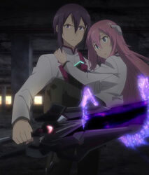  1boy amagiri_ayato anime_screenshot boots female gakusen_toshi_asterisk green_eyes highres julis-alexia_von_riessfeld long_hair pink_hair sword thigh_boots thighhighs weapon 