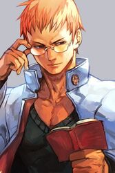  1boy adjusting_eyewear black_shirt book brown_eyes closed_mouth glasses grey_background hand_up holding holding_book hungry_clicker jacket justice_gakuen kagami_kyousuke long_sleeves looking_down male_focus muscular open_book open_clothes open_jacket orange_hair reading shirt simple_background solo upper_body white_jacket 