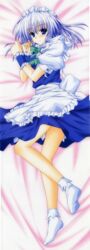  absurdres aoi_hiro bed_sheet blue_eyes blue_hair braid closed_mouth dakimakura_(medium) female frills full_body highres izayoi_sakuya legs looking_at_viewer lying maid maid_headdress on_side puffy_short_sleeves puffy_sleeves short_sleeves socks solo touhou twin_braids white_socks wrist_cuffs 