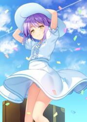  arms_up blouse blue_panties blue_sky center_frills closed_mouth clothes_lift cloud cloudy_sky commentary_request confetti day female frills hand_on_headwear hat idolmaster idolmaster_cinderella_girls knees_together_feet_apart koshimizu_sachiko light_smile looking_at_viewer mashima_(sumachi) outdoors panties pantyshot purple_hair shirt short_hair short_sleeves skirt skirt_lift sky smile solo standing suitcase sun_hat underwear white_shirt white_skirt wind wind_lift yellow_eyes 