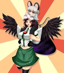  2girls :d animal_ears black_hair blush bow breasts cape capelet carrying commentary_request green_bow green_skirt grey_hair hairbow highres large_breasts midriff mouse_(animal) mouse_ears mouse_tail multiple_girls navel nazrin open_mouth red_eyes reiuji_utsuho safurantora short_hair shoulder_carry skirt smile tail thighhighs third_eye touhou wings 