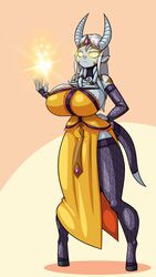  2018 absurd_res big_breasts black_hooves blizzard_entertainment breasts clothed clothing digital_media_(artwork) draenei ear_piercing glowing glowing_eyes gynomorph hair hi_res hooves horn huge_breasts humanoid humanoid_pointy_ears intersex lightforged_draenei limebreaker looking_at_viewer piercing shikaari simple_background solo standing tail tattoo thick_thighs warcraft yellow_eyes 