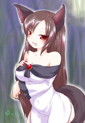  animal_ears bamboo bamboo_forest bare_shoulders blouse blush bottomless breast_hold breasts brooch brown_hair cleavage collarbone commentary_request female fingernails forest highres imaizumi_kagerou jewelry large_breasts long_fingernails long_hair long_sleeves looking_at_viewer nail_polish nature naughty_face oerba_yun_fang off_shoulder open_mouth red_eyes red_nails shirt solo tail touhou uho_(uhoyoshi-o) very_long_hair white_shirt wide_sleeves wolf_ears wolf_tail 