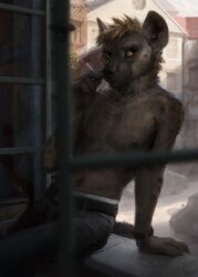  2018 5_fingers absurd_res anthro belt biped black_eyes bottomwear brown_body brown_fur brown_hair brown_sclera cigarette claws clock clothed clothing day denim denim_bottomwear denim_clothing digital_media_(artwork) fingers fur hair hax_(artist) hi_res hyena inside jeans kenket lofi looking_up male mammal nipples pants sitting smoking solo spotted_hyena topless town underwear watch watermark white_clothing white_underwear window 