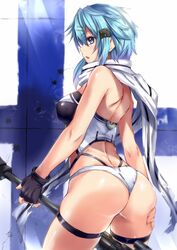  aqua_eyes aqua_hair artist_request ass ass_grab blush breasts large_breasts open_mouth panties shinon_(sao) shinon_(sao-alo) sword_art_online underwear weapon 