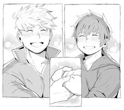  2boys blush closed_eyes commentary_request gran_(granblue_fantasy) granblue_fantasy greyscale grin holding_hands hood hoodie male_focus monochrome multiple_boys nabana_(bnnbnn) short_hair smile undercut upper_body vane_(granblue_fantasy) yaoi 