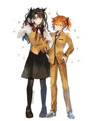  1boy alternate_costume bad_id bad_twitter_id black_hair black_pantyhose cosplay crossdressing emiya_shirou emiya_shirou_(cosplay) fate/grand_order fate/stay_night fate_(series) female fujimaru_ritsuka_(female) fujimaru_ritsuka_(male) full_body highres homurahara_academy_school_uniform i_(yunyuniraaka) long_hair orange_hair pantyhose ponytail school_uniform short_hair sparkle tohsaka_rin tohsaka_rin_(cosplay) twitter_username two_side_up uniform 