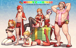  3boys 3girls arm_support ass bell blue_eyes box boxers breasts brown_eyes brown_hair choker christmas cleavage collar commentary_request covering_breasts covering_privates crossdressing elbow_gloves english_text facial_hair garter_straps gift gift_box glasses gloves gundam gundam_build_fighters gundam_build_fighters_try hat headband heart high_heels highres hood hoodie hoshino_fumina kamiki_mirai kamiki_sekai kneeling kousaka_yuuma large_breasts leg_up legs long_hair long_legs looking_at_viewer lying male_underwear merry_christmas midriff miniskirt moustache multiple_boys multiple_girls neck_bell on_stomach orange_hair otoko_no_ko photoshop_(medium) ponytail purple_eyes purple_hair ral-san red_hair red_legwear ryushin santa_costume santa_hat sazaki_kaoruko scarf seductive_smile short_hair sitting skindentation skirt smile thighhighs thighs twintails underboob underwear 