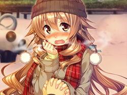  1boy amakano blush brown_eyes brown_hair coat drill_hair female game_cg hand_holding hoshikawa_koharu long_hair open_mouth piromizu scarf 