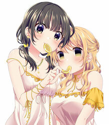  2girls black_eyes blank_eyes blonde_hair blush breasts choker cleavage closed_mouth collarbone commentary_request dress earrings expressionless feeding food food-themed_earrings food-themed_hair_ornament food-themed_necklace fruit green_eyes hair_ornament holding holding_food ichinose_haruko jewelry lemon lemon_slice long_hair looking_at_viewer low_twintails medium_breasts mouth_hold multicolored_eyes multiple_girls nail_polish neck_ribbon necklace nikaidou_natsuko off-shoulder_dress off_shoulder official_art pendant ribbon ribbon-trimmed_sleeves ribbon_choker ribbon_trim short_sleeves simple_background sleeveless sleeveless_dress small_breasts smile strap_slip stud_earrings sundress swap_swap swept_bangs tareme tottoto_tomekichi twintails upper_body white_background white_dress yellow_nails yellow_ribbon yuri 