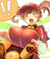  ! :o blurry bouncing_breasts bow bowtie breasts brown_eyes brown_hair burger collared_shirt commentary_request depth_of_field dithered_background drink dropping employee_uniform fast_food_uniform female food french_fries hataraku_maou-sama! hei_(heiyohei) highres large_breasts motion_lines narrowed_eyes open_mouth pointy_breasts red_shirt sasaki_chiho shirt short_hair short_sleeves short_twintails soda solo speech_bubble spilling spoken_exclamation_mark tray twintails uniform upper_body visor_cap 