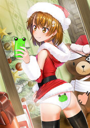  animal_print ass back-print_panties black_thighhighs blush brown_hair cellphone christmas christmas_tree commentary_request cowboy_shot female flower frog_panties frog_print fur_trim gekota hair_flower hair_ornament hat highres hkn_(ringya) hood hood_down kill_bear mirror misaka_mikoto panties phone print_panties santa_costume santa_hat selfie short_hair smile solo stuffed_animal stuffed_toy teddy_bear thighhighs toaru_kagaku_no_railgun toaru_majutsu_no_index underwear white_panties 