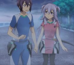  1boy amagiri_ayato anime_screenshot female gakusen_toshi_asterisk holding_hands pantyhose straight toudou_kirin 