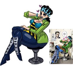  1girls big_ass black_hair bodysuit bracelet cleavage clothed collar gwess heart hirohiko_araki jacket jojo&#039;s_bizarre_adventure lipstick pink_eyes redraw short_hair simple_background sitting sitting_on_chair stone_ocean thick_legs thick_thighs white_background 