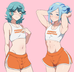  2boys arms_up bare_shoulders blue_eyes blue_hair blush bulge commentary_request crop_top dolphin_shorts femboy_hooters_(meme) green_hair grusha_(pokemon) highres hooters inuyama_sumisu looking_at_viewer male_focus meme midriff multiple_boys navel orange_shorts pink_background pink_eyes pokemon pokemon_(anime) pokemon_horizons pokemon_scarlet_and_violet short_hair shorts simple_background smile spinel_(pokemon) trap 