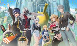  2boys 4girls absurdres ahoge aurelia_academy_school_uniform bangboo_(zenless_zone_zero) belle_(brilliance_of_stars)_(zenless_zone_zero) belle_(zenless_zone_zero) billy_kid billy_kid_(starlight) black_hat black_jacket black_sweater black_thighhighs blonde_hair blue_hair breasts brother_and_sister chalky_(zenless_zone_zero) cissia_(zenless_zone_zero) closed_mouth crossed_bangs detached_sleeves eous_(zenless_zone_zero) folded_fan folding_fan fur-trimmed_jacket fur_trim green_eyes grey_hair hair_between_eyes hand_fan hand_on_own_hip hat highres holding holding_fan jacket large_breasts long_hair looking_at_viewer multiple_boys multiple_girls neckerchief necktie norma_hollowell official_alternate_costume open_mouth p_ryong pointy_ears purple_eyes red_eyes red_scarf robot_boy scarf school_uniform short_hair siblings snake snake_girl snake_tail sweater tail thigh_strap thighhighs underboob velina_airgid velina_airgid_(shade_of_leisure) white_hair white_snake wise_(oath_of_skies)_(zenless_zone_zero) wise_(zenless_zone_zero) yellow_neckerchief yellow_necktie zenless_zone_zero 
