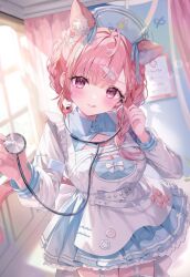  4ki8_(shikiha0) ahoge animal_ears apron badge bandaid bandaid_hair_ornament belt blue_dress blue_hat blue_ribbon blush bow braid breasts button_badge cat_ears cat_girl cat_o-ring cat_tail cleavage closed_mouth collarbone collared_dress commentary curtains day dress female fingernails garter_straps hair_ornament hairclip hat highres holding holding_stethoscope indie_virtual_youtuber indoors large_breasts long_sleeves looking_at_viewer medium_hair nurse nurse_cap o-ring o-ring_belt pink_bow pink_eyes pink_hair pink_tail ribbon smile solo star_(symbol) star_hair_ornament stethoscope tail thighs tongue tongue_out virtual_youtuber white_apron white_belt white_garter_straps window yuuki_sakuna 