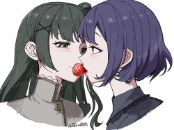  2girls akiha_school_uniform bang_dream! bang_dream!_yumemita blush commentary eye_contact food french_girly fruit fuji_miyako_(real) green_hair guagua977 long_hair looking_at_another mole mole_under_mouth multiple_girls open_mouth purple_eyes purple_hair school_uniform shared_food sharing sharing_food simple_background strawberry untranslatable_commentary viola_(bang_dream!) yuri 