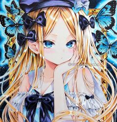  abigail_williams_(animejapan_2018)_(fate) abigail_williams_(fate) bare_shoulders beret black_bow black_hat blonde_hair blue_dress blue_eyes blush bow breasts bug butterfly commentary_request dress fate/grand_order fate_(series) female forehead frills hairbow hat highres long_hair looking_at_viewer marker_(medium) multiple_hair_bows parted_bangs sailor_collar sio_oekaki small_breasts traditional_media white_bow white_sailor_collar 
