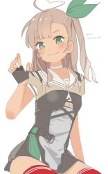  ahoge black_gloves black_skirt blunt_bangs brown_hair brown_shirt choker commentary_request corset dark-skinned_female dark_skin female fingerless_gloves gloves green_eyes heart heart_ahoge highres kantai_collection kashi_(kancolle) mole mole_under_eye one-hour_drawing_challenge one_side_up red_thighhighs sailor_collar sailor_shirt satsuki_tooka shirt simple_background sitting skirt smile solo thighhighs white_background white_choker white_sailor_collar 