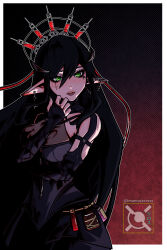  black_dress black_gloves black_hair black_nails blood breasts cross cross_earrings cross_facial_mark dress earrings facial_mark female fingerless_gloves freckles gloves green_eyes hair_between_eyes imamuracross_(artist) indie_virtual_youtuber jewelry layna_lazar long_hair pointy_ears see-through_cleavage see-through_clothes solo syringe_hair_ornament virtual_youtuber 