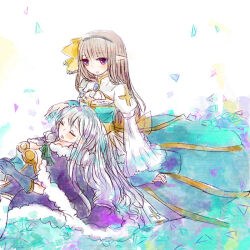  2girls arch_bishop_(ragnarok_online) black_cape black_dress black_gloves black_hairband blue_dress blush breasts brown_hair cape closed_eyes commentary cross dormir_(challco) dress english_commentary flat_chest gloves grey_hair hairband high_wizard_(ragnarok_online) juliet_sleeves long_hair long_sleeves looking_at_another lying medium_breasts multiple_girls on_back pointy_ears puffy_sleeves purple_eyes ragnarok_online sleeping sleeping_on_person two-tone_dress upper_body white_dress 