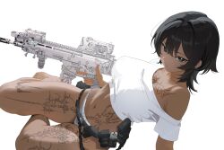  absurdres assault_rifle barefoot belt black_hair breasts calvin_klein chest_tattoo clothes_writing collarbone crop_top dark-skinned_female dark_skin double-parted_bangs elcan_scope female fn_scar_16 foregrip from_above grey_eyes grey_panties gun hair_between_eyes hectorrambito hello_kitty highres holding holding_gun holding_weapon large_breasts laser_sight leg_tattoo looking_at_viewer magazine_(weapon) md5_mismatch medium_hair off_shoulder original panties parted_lips portrait rifle sanrio shirt simple_background single_bare_shoulder sitting solo stitched stomach stomach_tattoo swiss_army_knife tattoo thighs third-party_edit toes trigger_discipline underwear underwear_writing utility_belt vertical_foregrip weapon white_background white_shirt 
