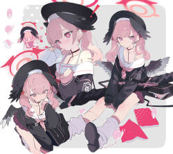  1other absurdres animal bag beret black_bag black_hat black_shirt black_shoes black_wings blue_archive book border brown_skirt chinese_commentary closed_mouth commentary_request downblouse feathered_wings female finger_in_another's_mouth halo hat head_wings heart heart-shaped_pupils highres holding holding_book koharu_(blue_archive) long_hair long_sleeves loose_socks low_wings multiple_views open_book outside_border pink_eyes pink_hair pink_halo pleated_skirt reading sailor_collar sailor_shirt shirt shoes skirt sleeves_past_wrists smile snail socks symbol-shaped_pupils twintails white_border white_sailor_collar white_socks wings yukuso_(dabiandang) zipper zipper_pull_tab 